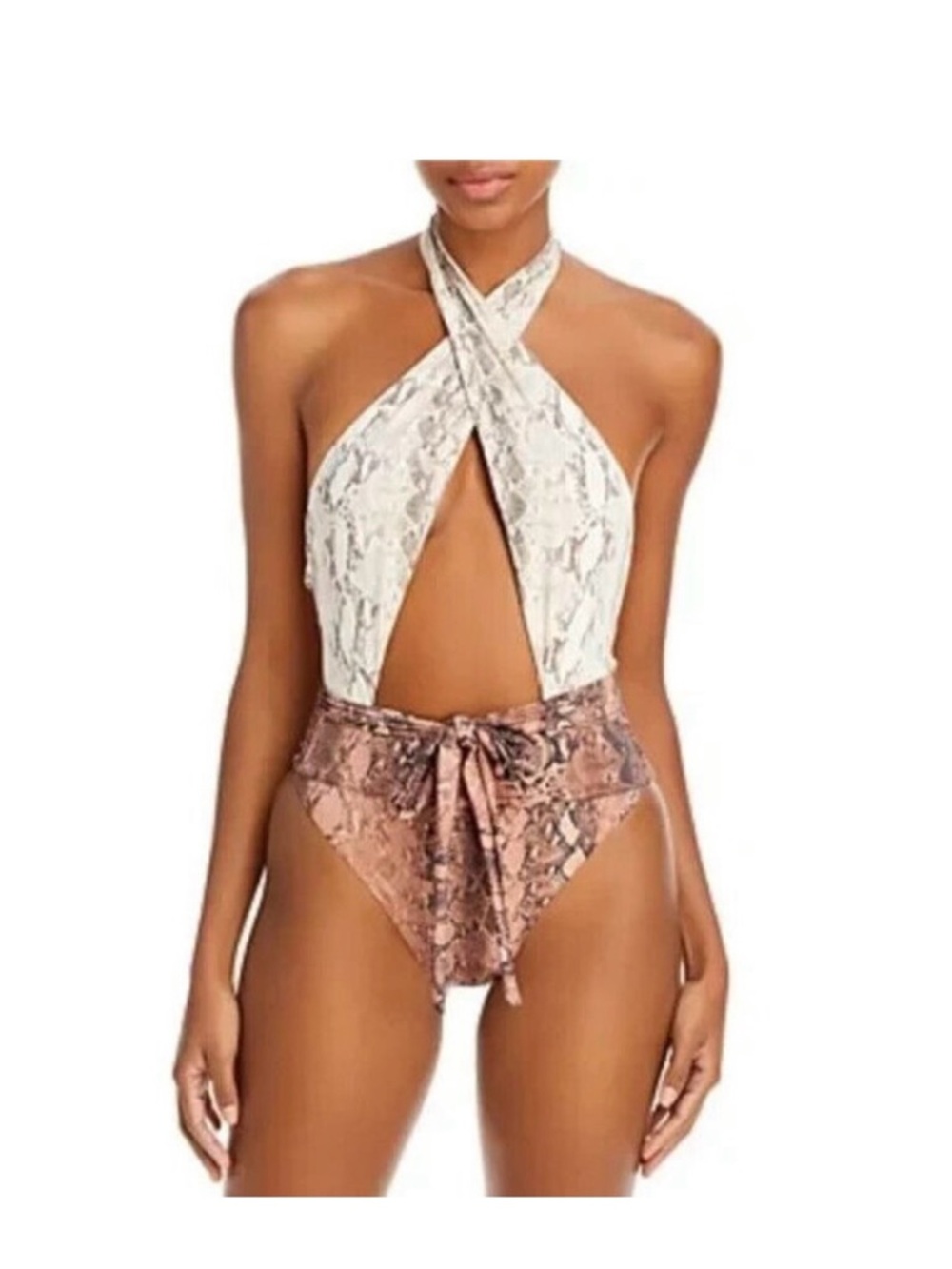 PQ Swim Kaa Alex One Piece Swimsuit Belt Cut Out Open Back Snake Brown Ivory S